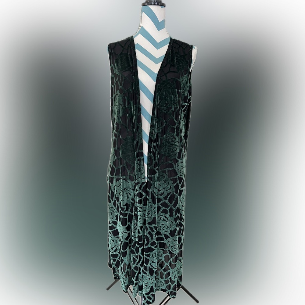LuLaRoe Green Velvet Roses Coverup Long Vest size Medium Sheer